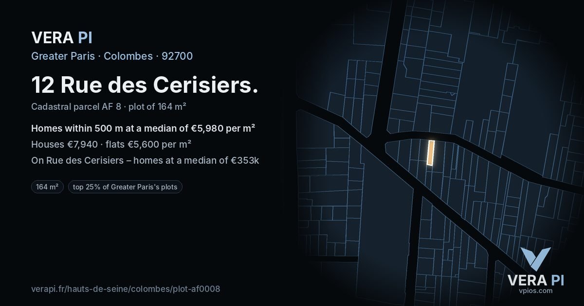 12 Rue des Cerisiers, Colombes at night – the plot lit, the parcels around coloured by the prices near them