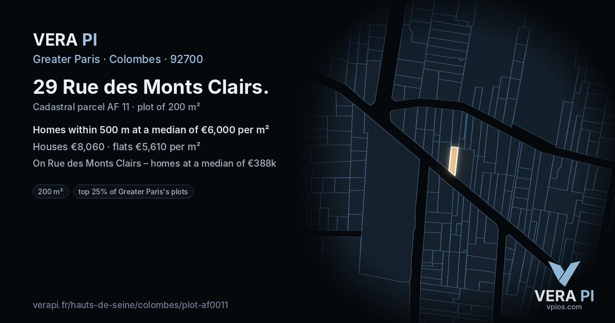 29 Rue des Monts Clairs, Colombes at night – the plot lit, the parcels around coloured by the prices near them