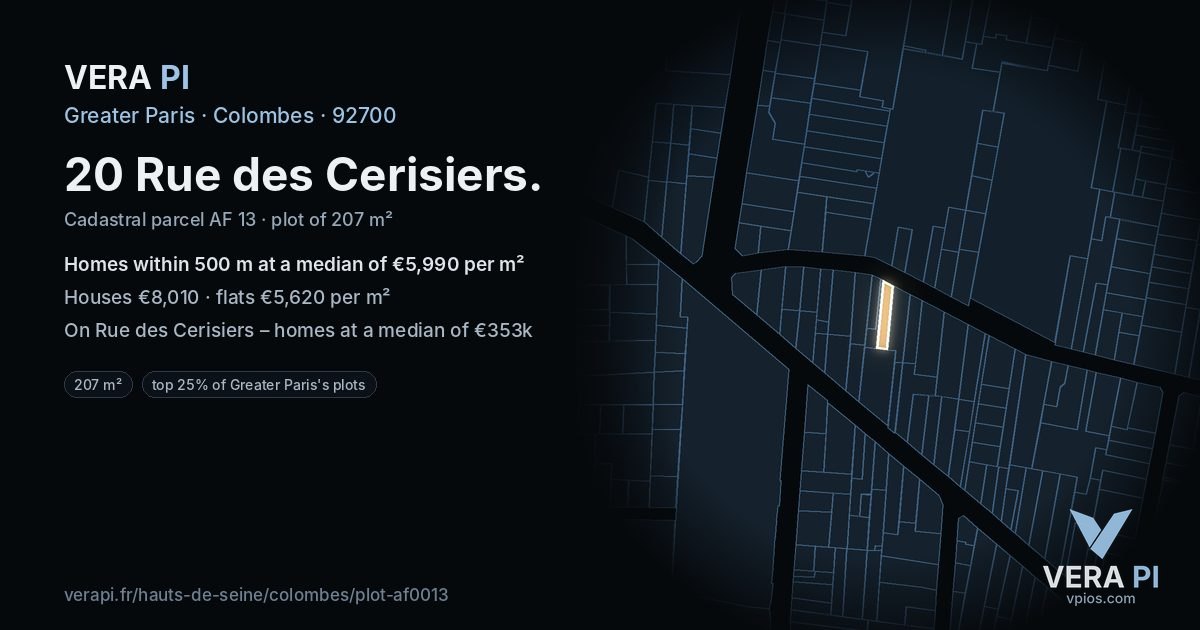 20 Rue des Cerisiers, Colombes at night – the plot lit, the parcels around coloured by the prices near them