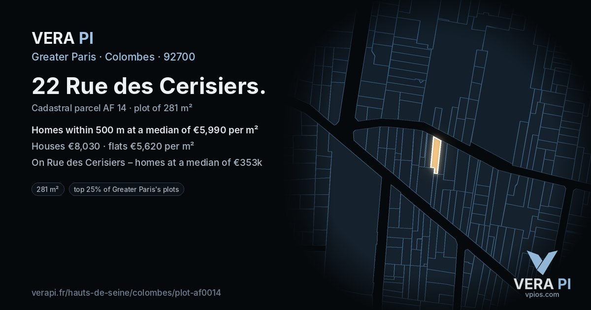 22 Rue des Cerisiers, Colombes at night – the plot lit, the parcels around coloured by the prices near them