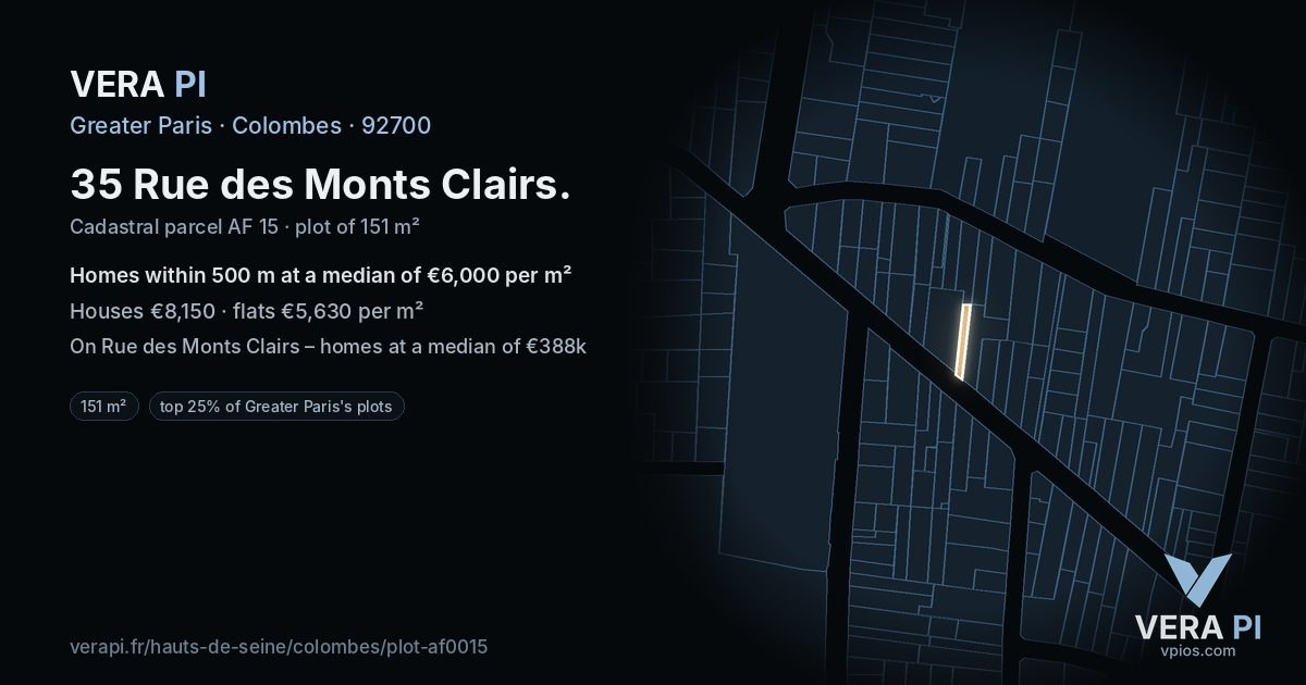 35 Rue des Monts Clairs, Colombes at night – the plot lit, the parcels around coloured by the prices near them