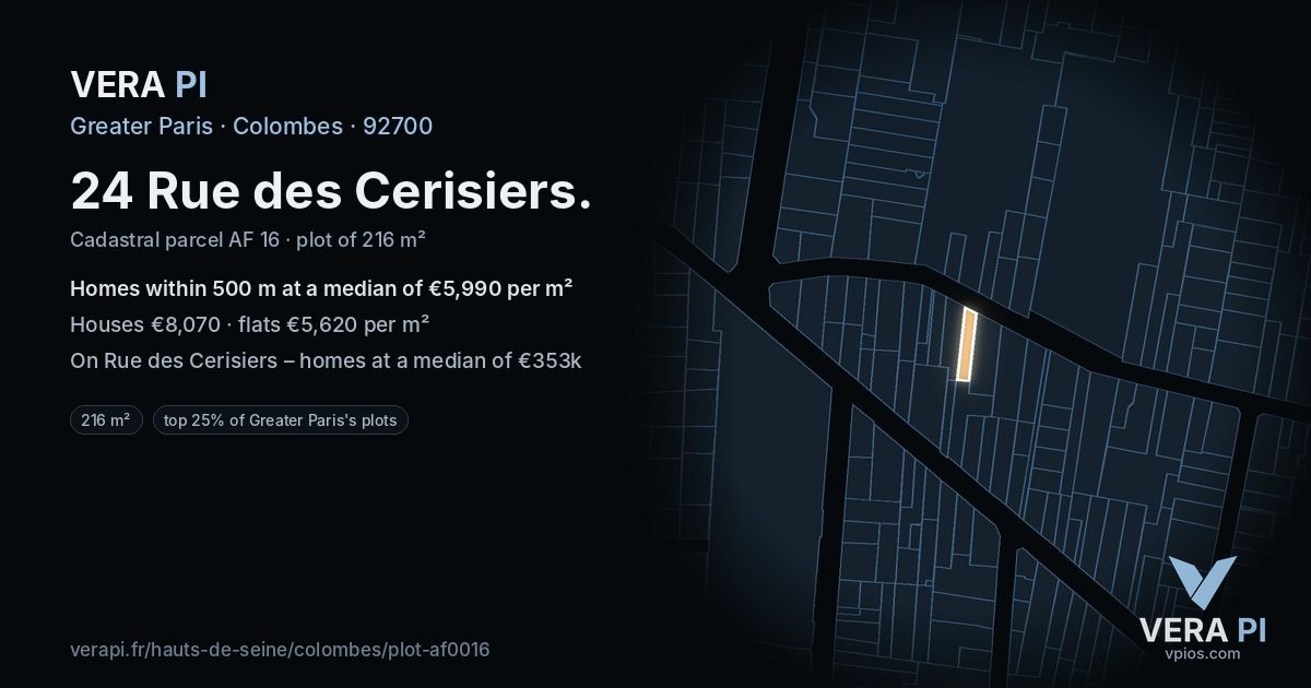 24 Rue des Cerisiers, Colombes at night – the plot lit, the parcels around coloured by the prices near them
