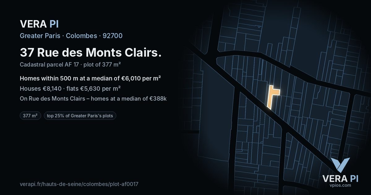 37 Rue des Monts Clairs, Colombes at night – the plot lit, the parcels around coloured by the prices near them