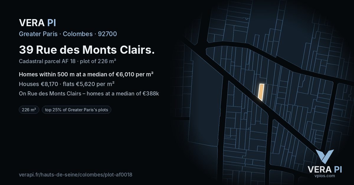 39 Rue des Monts Clairs, Colombes at night – the plot lit, the parcels around coloured by the prices near them