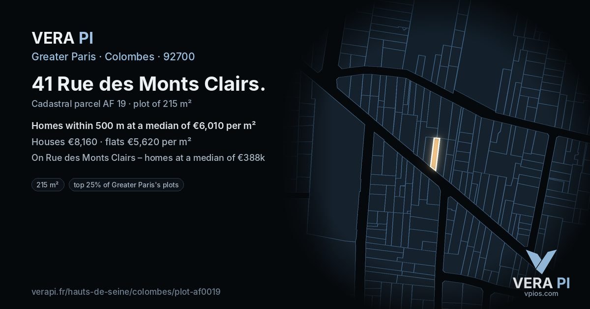 41 Rue des Monts Clairs, Colombes at night – the plot lit, the parcels around coloured by the prices near them