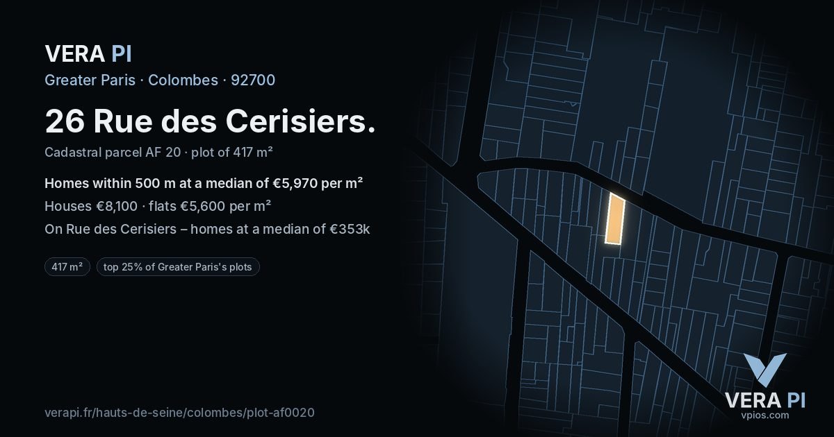 26 Rue des Cerisiers, Colombes at night – the plot lit, the parcels around coloured by the prices near them
