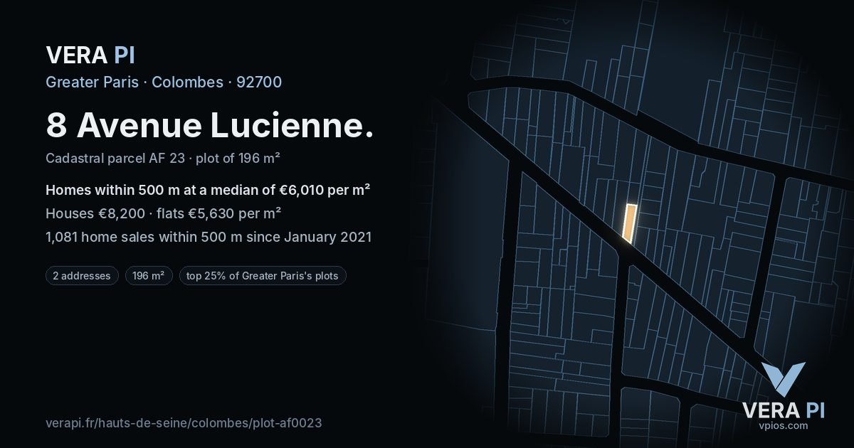 8 Avenue Lucienne, Colombes at night – the plot lit, the parcels around coloured by the prices near them