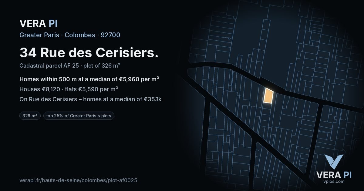 34 Rue des Cerisiers, Colombes at night – the plot lit, the parcels around coloured by the prices near them