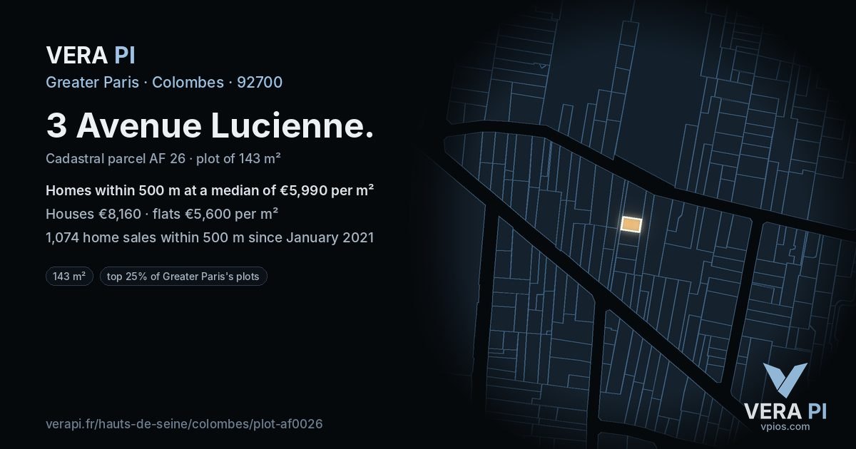 3 Avenue Lucienne, Colombes at night – the plot lit, the parcels around coloured by the prices near them