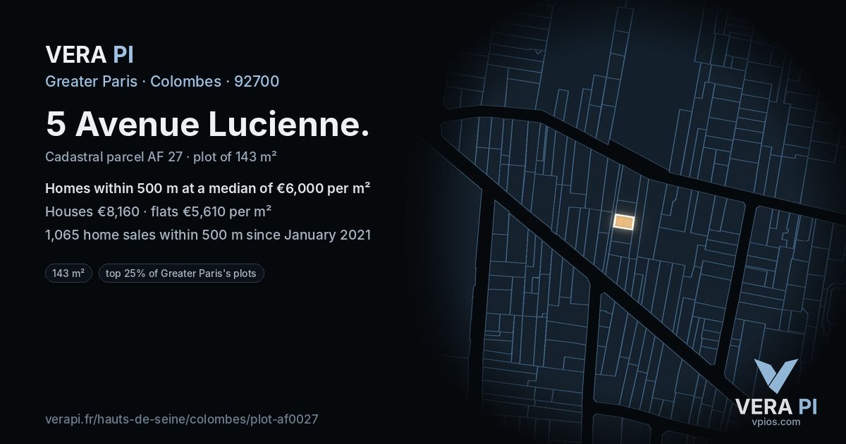 5 Avenue Lucienne, Colombes at night – the plot lit, the parcels around coloured by the prices near them