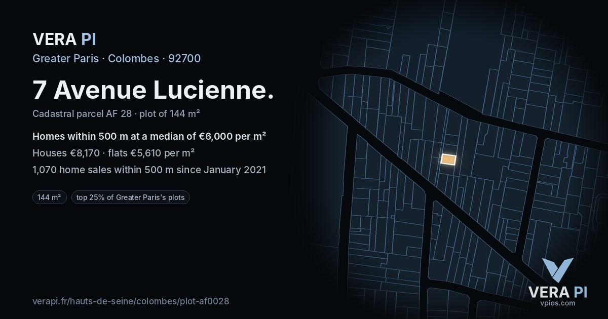 7 Avenue Lucienne, Colombes at night – the plot lit, the parcels around coloured by the prices near them