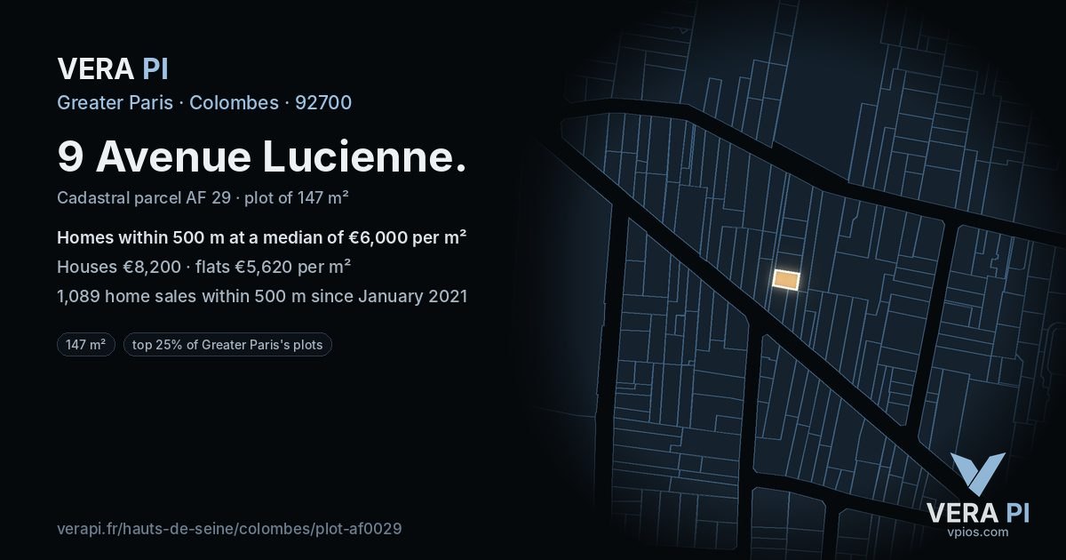 9 Avenue Lucienne, Colombes at night – the plot lit, the parcels around coloured by the prices near them