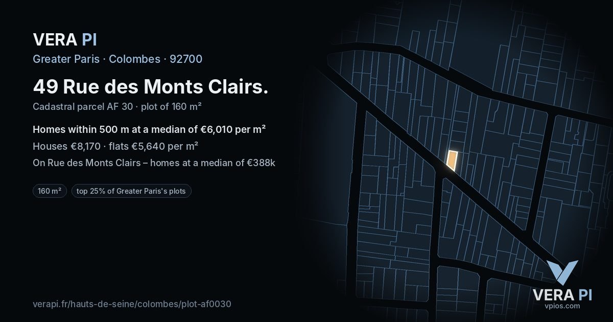 49 Rue des Monts Clairs, Colombes at night – the plot lit, the parcels around coloured by the prices near them