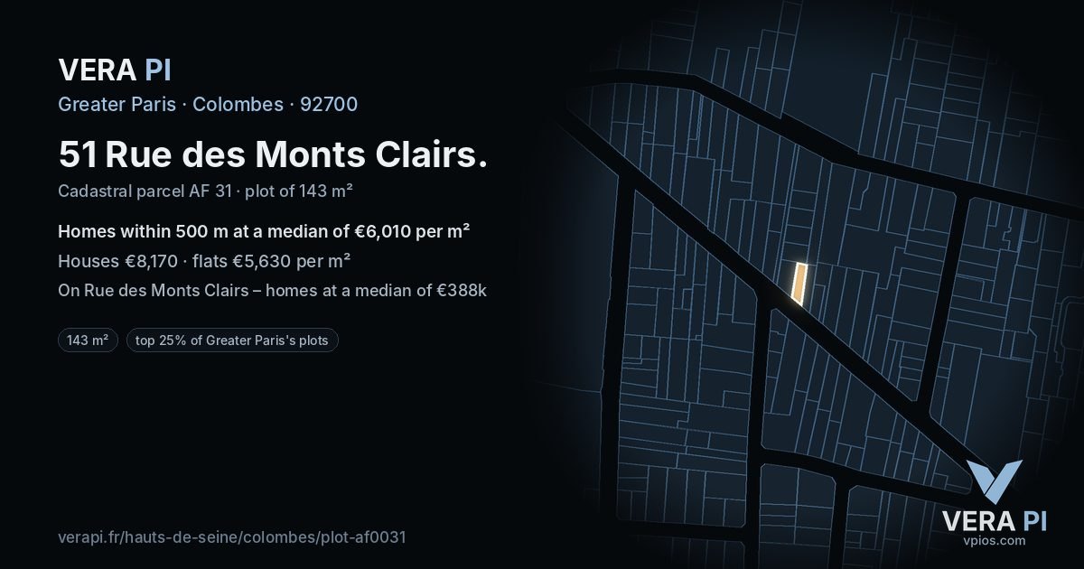 51 Rue des Monts Clairs, Colombes at night – the plot lit, the parcels around coloured by the prices near them