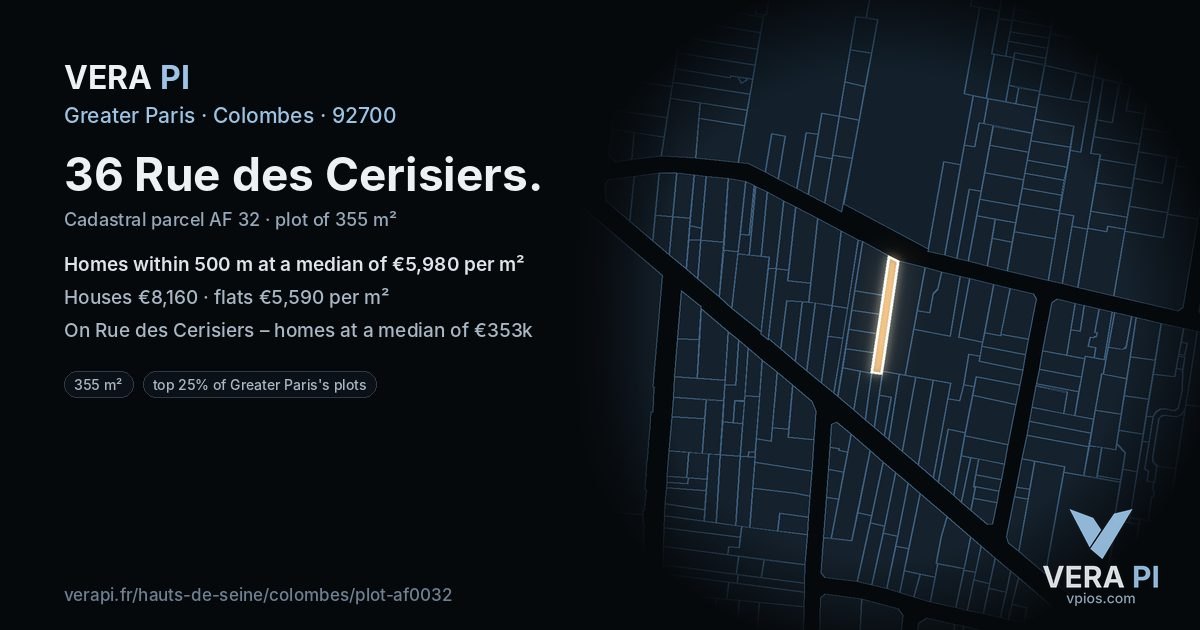 36 Rue des Cerisiers, Colombes at night – the plot lit, the parcels around coloured by the prices near them
