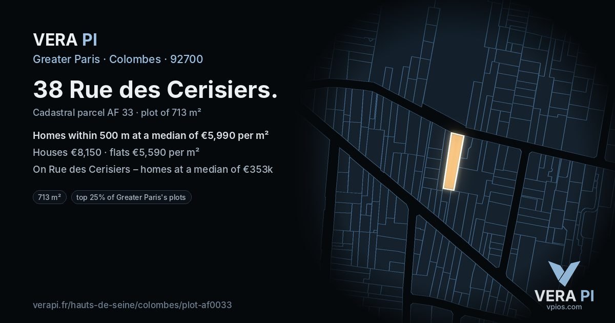 38 Rue des Cerisiers, Colombes at night – the plot lit, the parcels around coloured by the prices near them