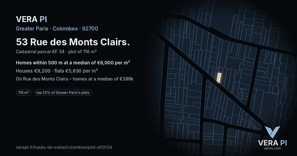 53 Rue des Monts Clairs, Colombes at night – the plot lit, the parcels around coloured by the prices near them