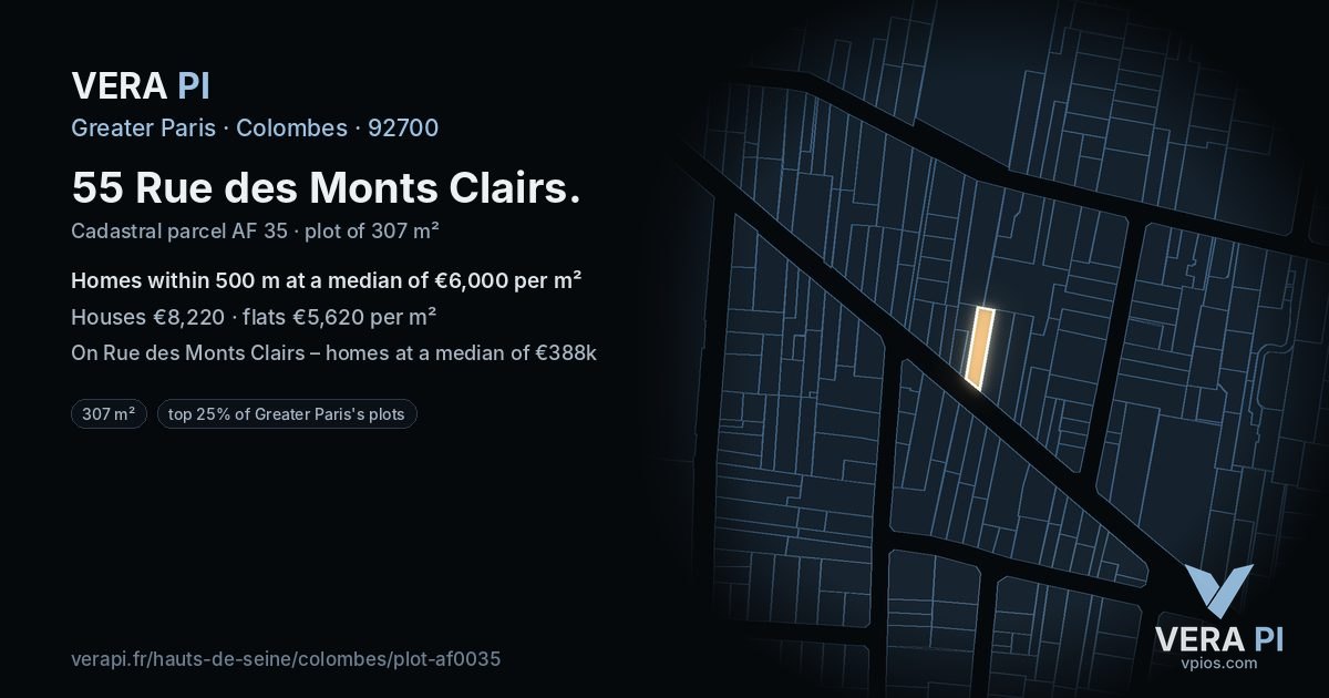 55 Rue des Monts Clairs, Colombes at night – the plot lit, the parcels around coloured by the prices near them