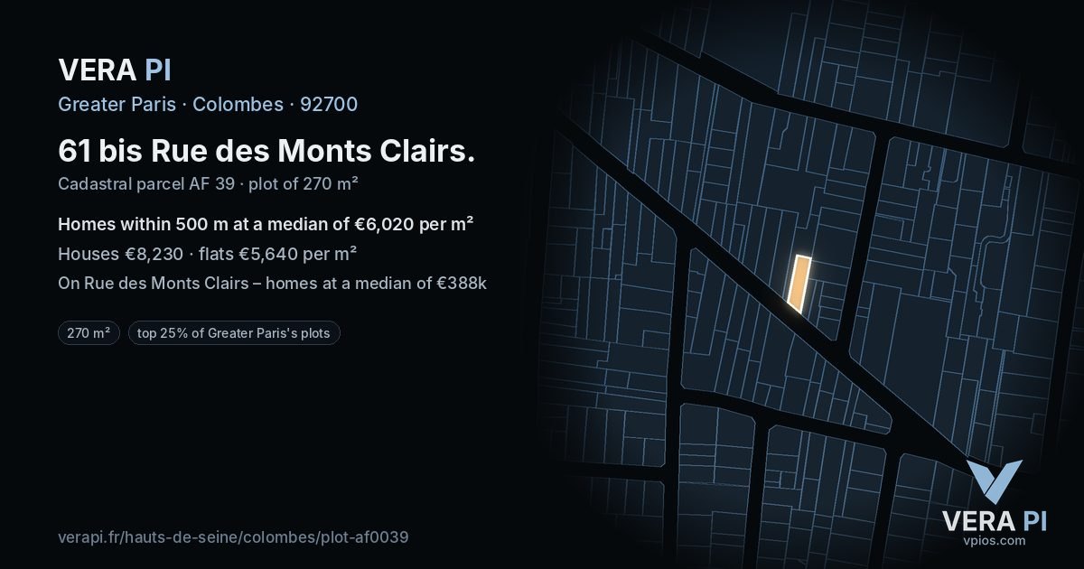 61 bis Rue des Monts Clairs, Colombes at night – the plot lit, the parcels around coloured by the prices near them