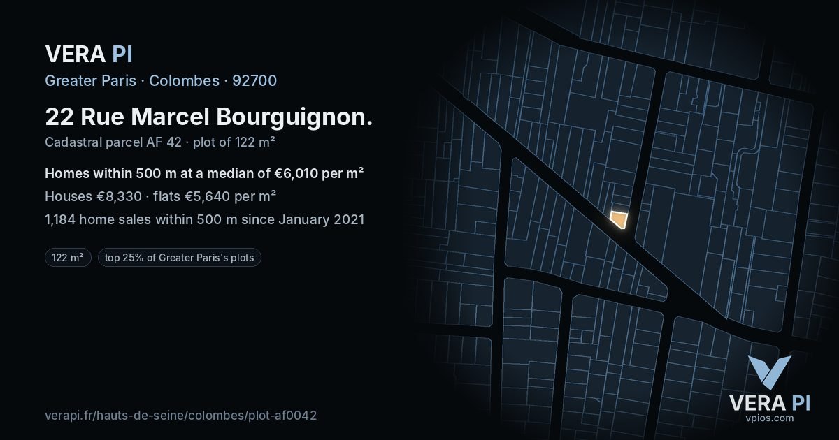 22 Rue Marcel Bourguignon, Colombes at night – the plot lit, the parcels around coloured by the prices near them