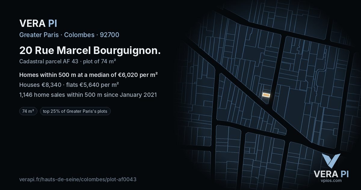 20 Rue Marcel Bourguignon, Colombes at night – the plot lit, the parcels around coloured by the prices near them