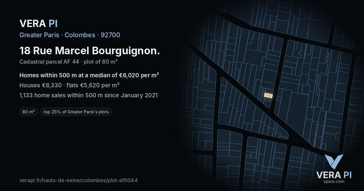 18 Rue Marcel Bourguignon, Colombes at night – the plot lit, the parcels around coloured by the prices near them