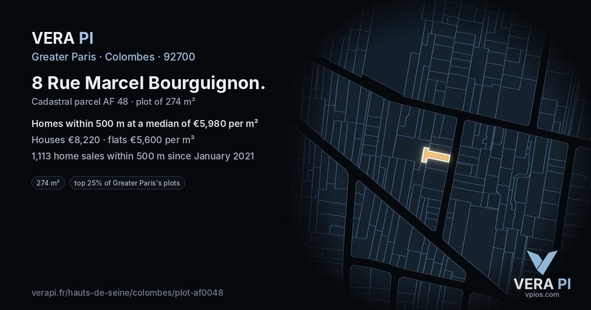 8 Rue Marcel Bourguignon, Colombes at night – the plot lit, the parcels around coloured by the prices near them