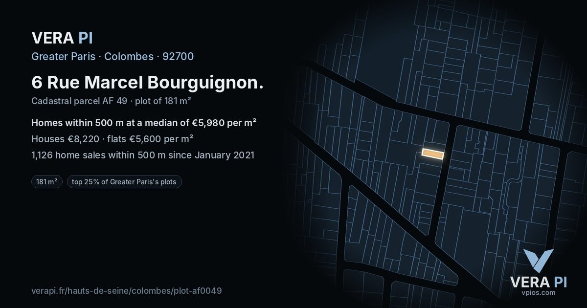 6 Rue Marcel Bourguignon, Colombes at night – the plot lit, the parcels around coloured by the prices near them