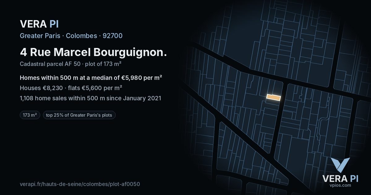 4 Rue Marcel Bourguignon, Colombes at night – the plot lit, the parcels around coloured by the prices near them