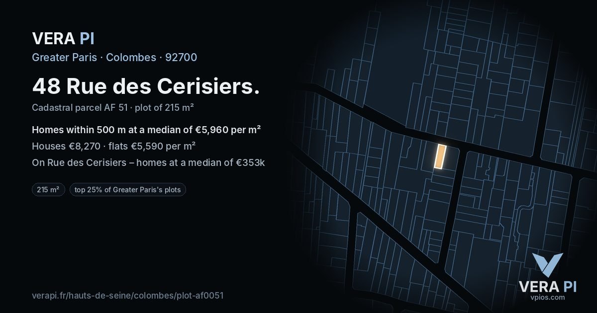 48 Rue des Cerisiers, Colombes at night – the plot lit, the parcels around coloured by the prices near them