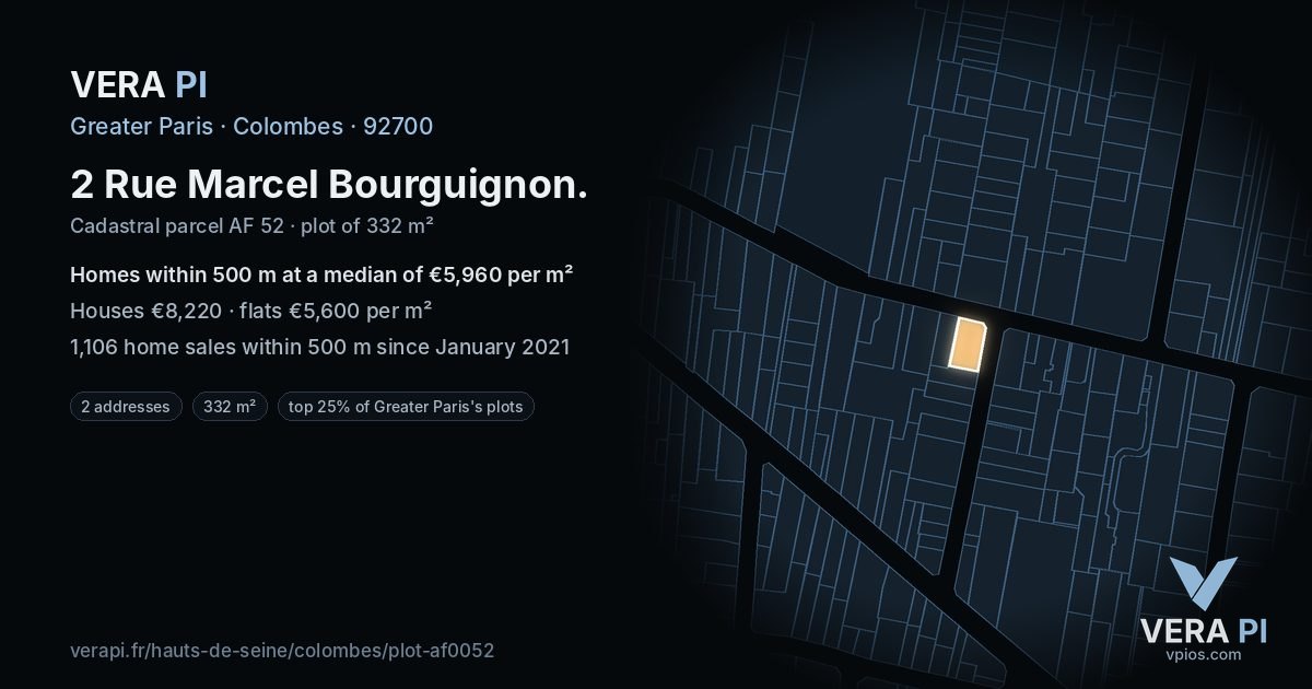 2 Rue Marcel Bourguignon, Colombes at night – the plot lit, the parcels around coloured by the prices near them