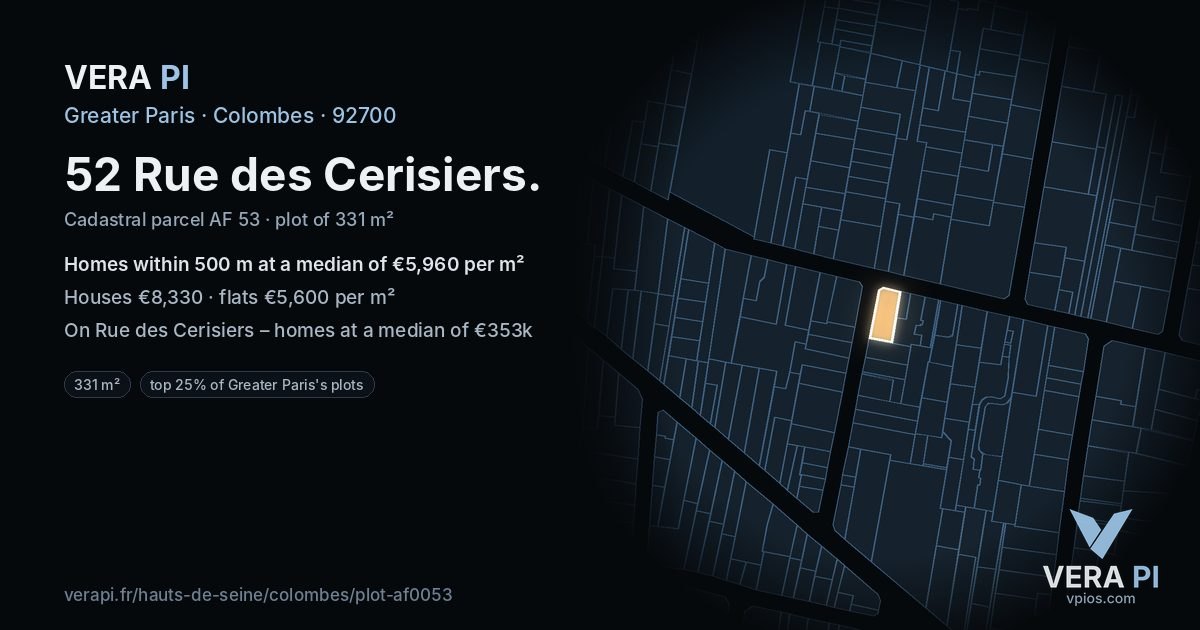 52 Rue des Cerisiers, Colombes at night – the plot lit, the parcels around coloured by the prices near them