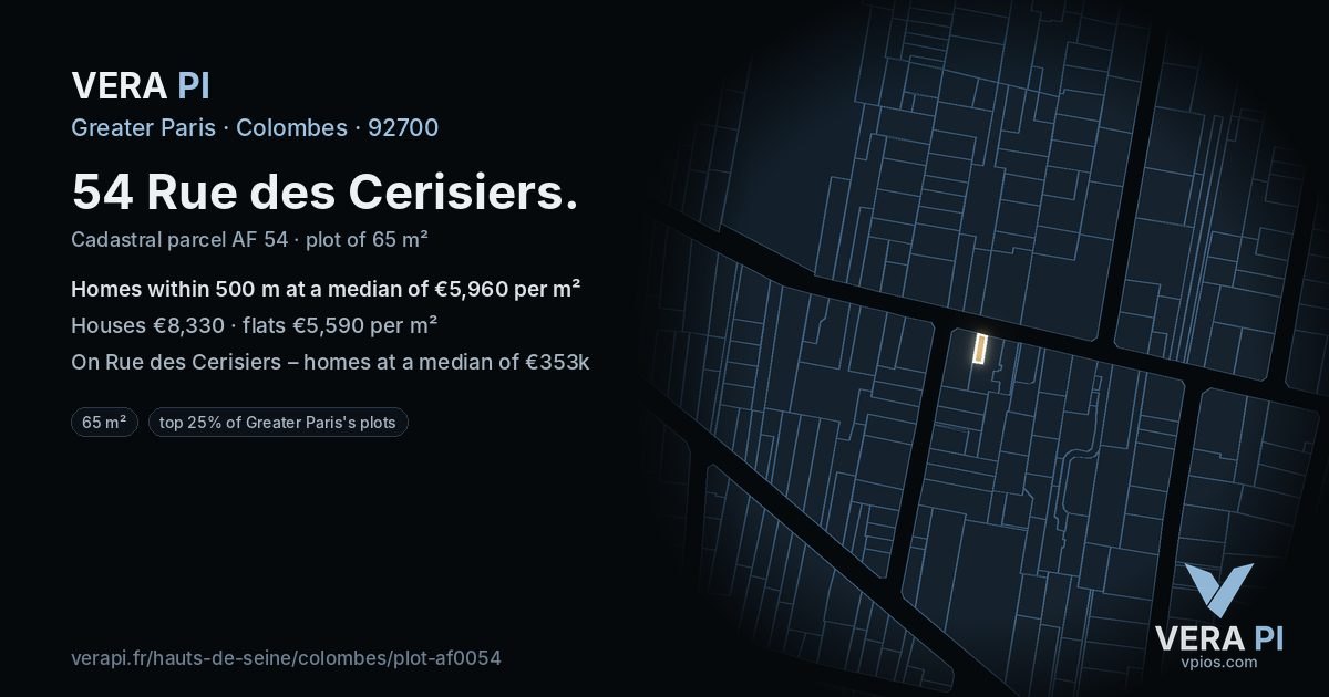 54 Rue des Cerisiers, Colombes at night – the plot lit, the parcels around coloured by the prices near them