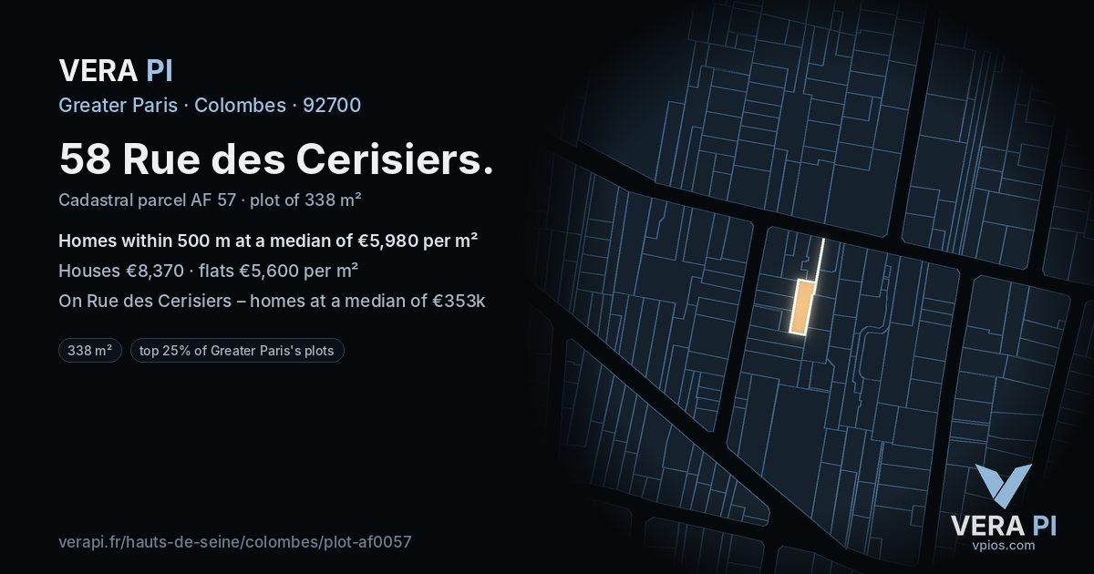 58 Rue des Cerisiers, Colombes at night – the plot lit, the parcels around coloured by the prices near them