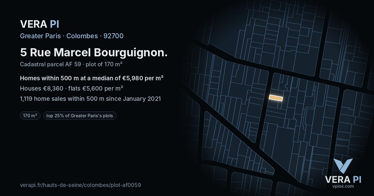 5 Rue Marcel Bourguignon, Colombes at night – the plot lit, the parcels around coloured by the prices near them