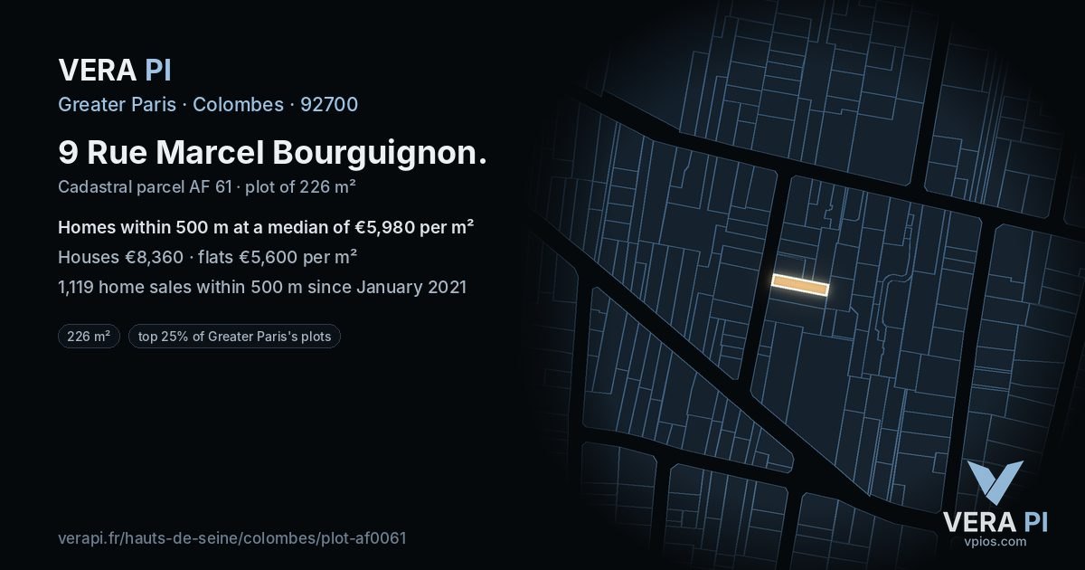 9 Rue Marcel Bourguignon, Colombes at night – the plot lit, the parcels around coloured by the prices near them