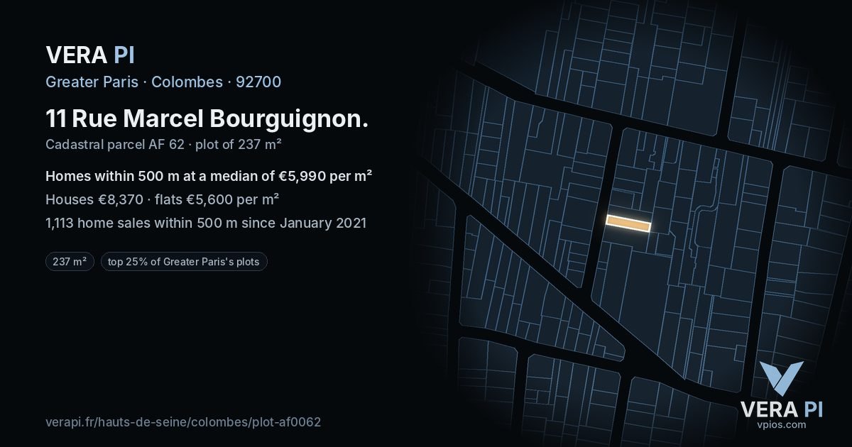 11 Rue Marcel Bourguignon, Colombes at night – the plot lit, the parcels around coloured by the prices near them