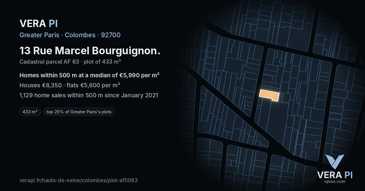 13 Rue Marcel Bourguignon, Colombes at night – the plot lit, the parcels around coloured by the prices near them