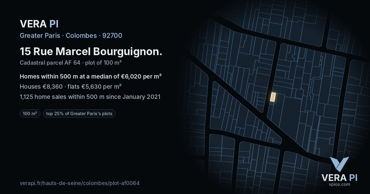 15 Rue Marcel Bourguignon, Colombes at night – the plot lit, the parcels around coloured by the prices near them