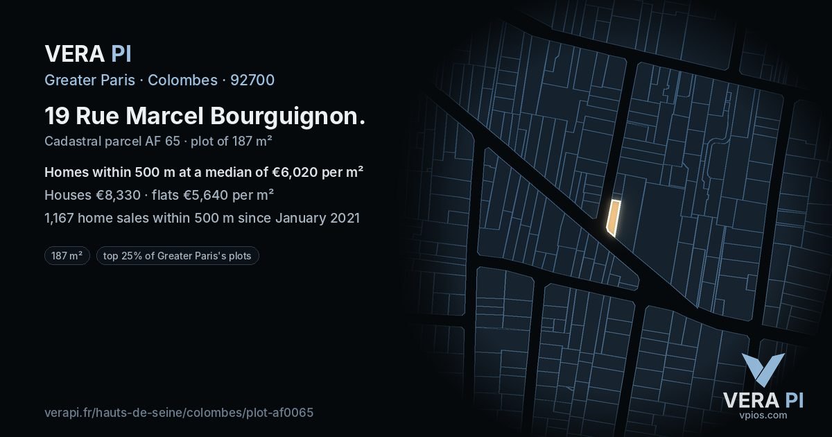 19 Rue Marcel Bourguignon, Colombes at night – the plot lit, the parcels around coloured by the prices near them