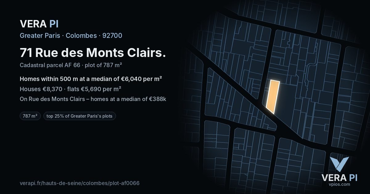 71 Rue des Monts Clairs, Colombes at night – the plot lit, the parcels around coloured by the prices near them