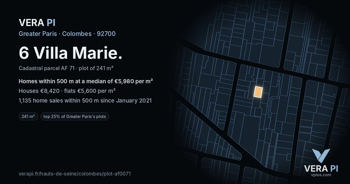 6 Villa Marie, Colombes at night – the plot lit, the parcels around coloured by the prices near them