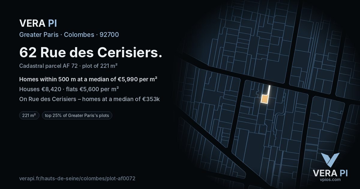62 Rue des Cerisiers, Colombes at night – the plot lit, the parcels around coloured by the prices near them