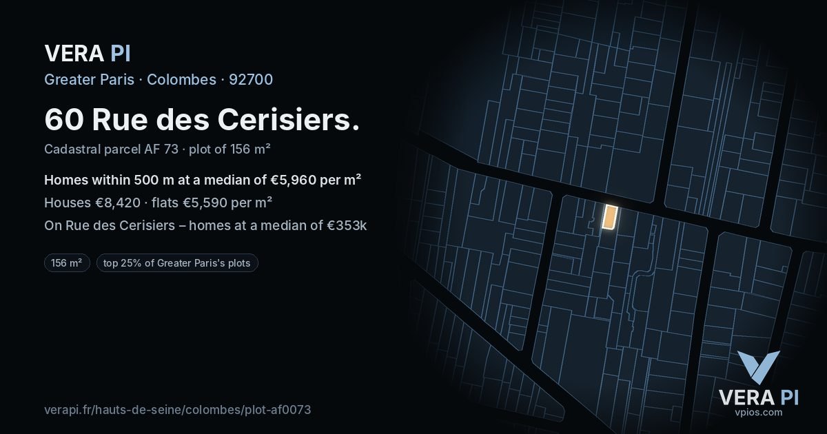 60 Rue des Cerisiers, Colombes at night – the plot lit, the parcels around coloured by the prices near them