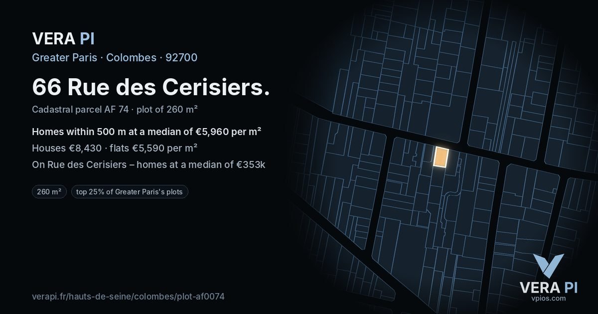 66 Rue des Cerisiers, Colombes at night – the plot lit, the parcels around coloured by the prices near them