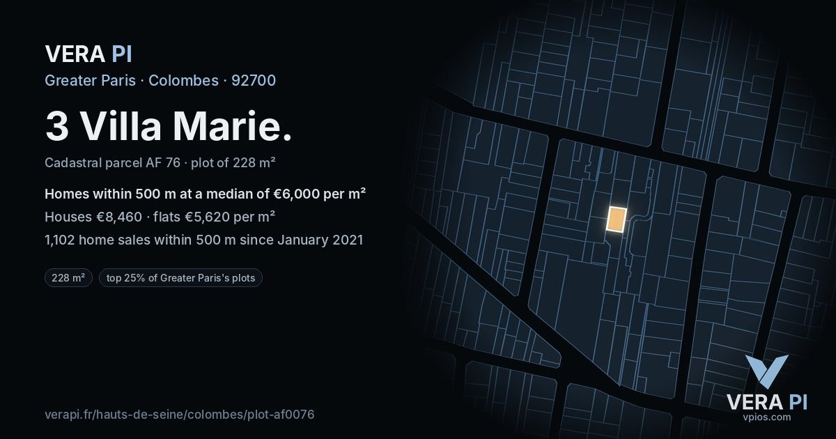 3 Villa Marie, Colombes at night – the plot lit, the parcels around coloured by the prices near them