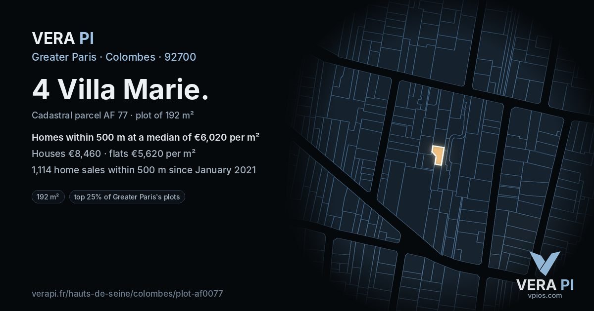 4 Villa Marie, Colombes at night – the plot lit, the parcels around coloured by the prices near them