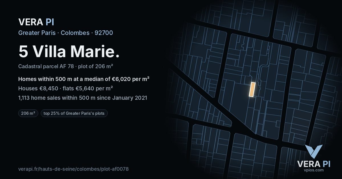 5 Villa Marie, Colombes at night – the plot lit, the parcels around coloured by the prices near them