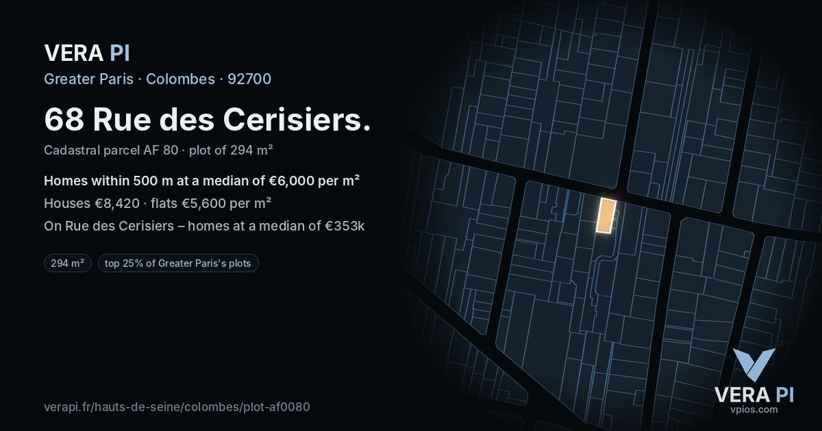 68 Rue des Cerisiers, Colombes at night – the plot lit, the parcels around coloured by the prices near them