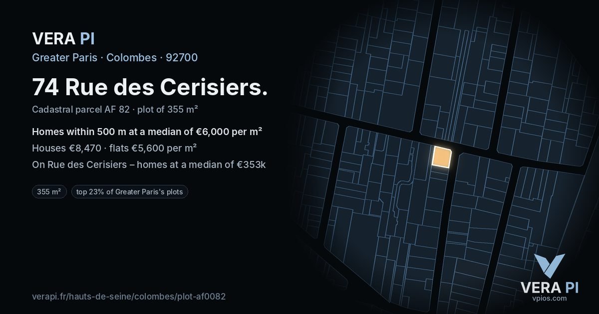 74 Rue des Cerisiers, Colombes at night – the plot lit, the parcels around coloured by the prices near them
